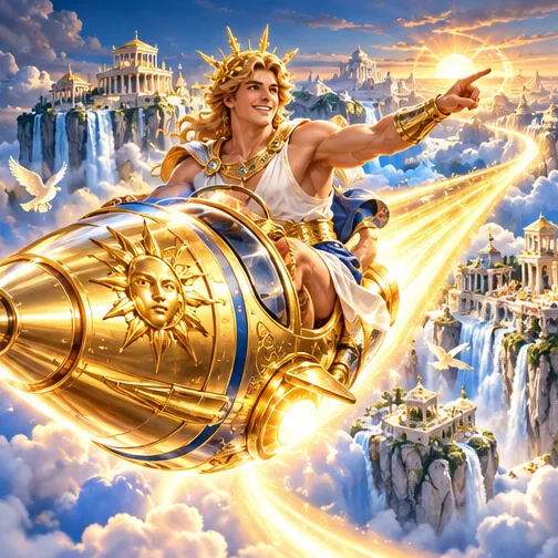 Apollo riding a golden rocket through the clouds