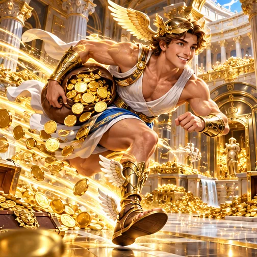 Hermes in winged sandals running with a sack of gold coins
