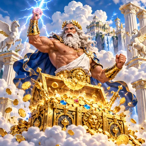 Zeus guarding a treasure chest of gold coins above the clouds